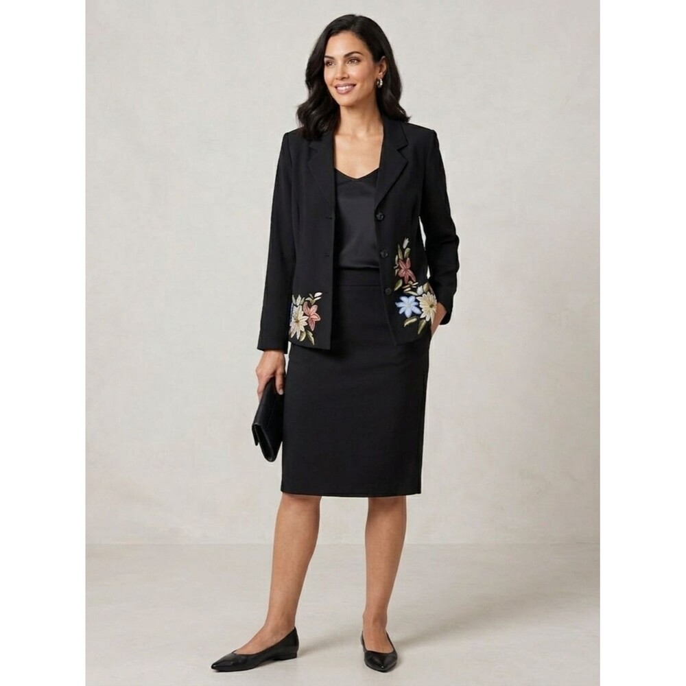 Jennifer Eden Black Embroidered Floral Blazer – Size 12 – Vintage Aesthetic